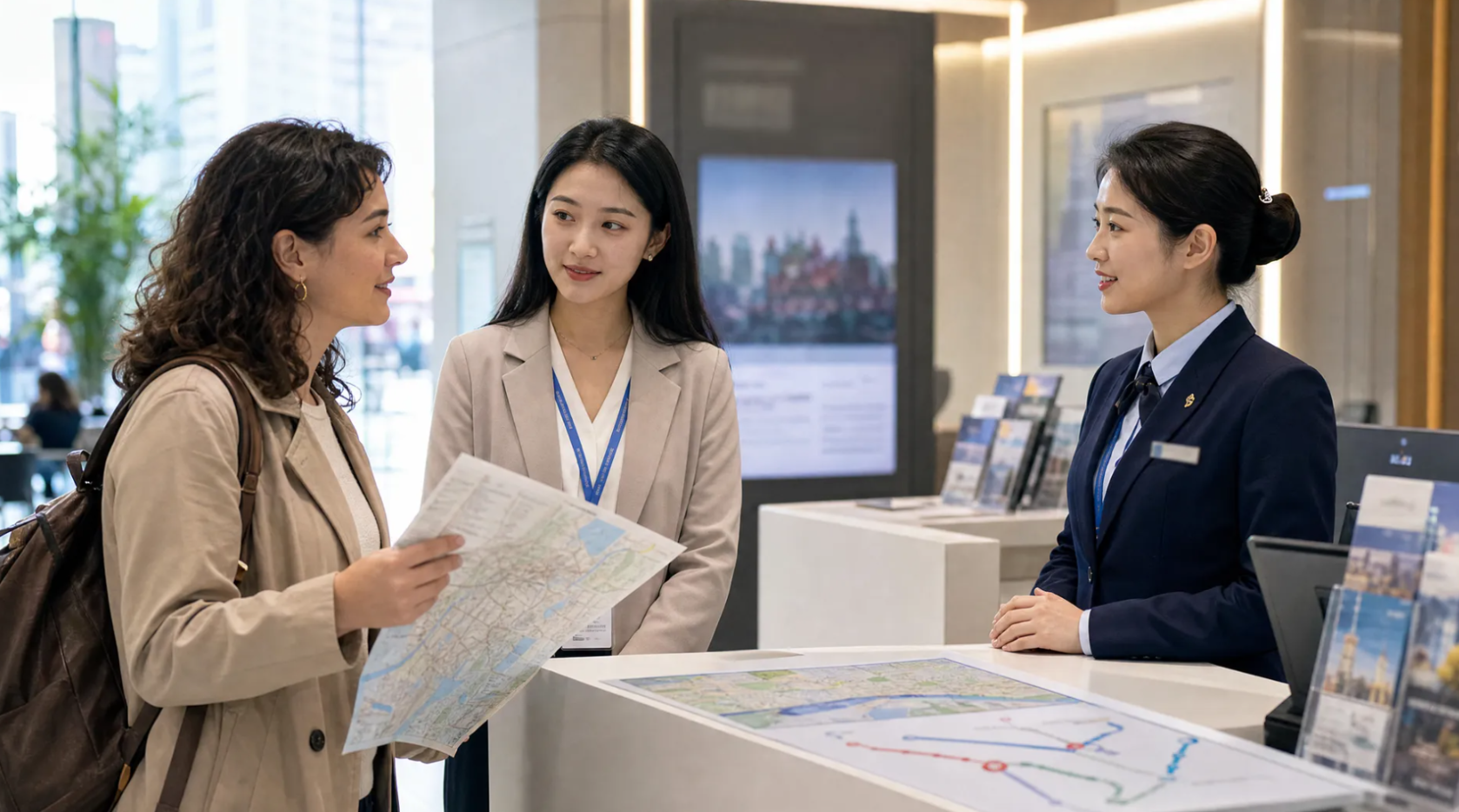 Multilingual training video with a visitor, interpreter, and service representative